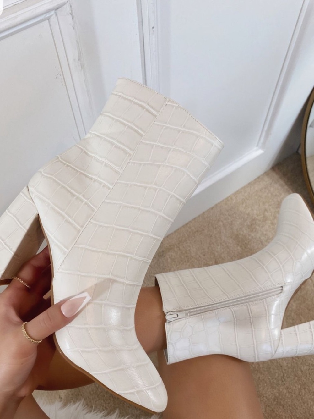 Marc Fisher Cream Croc-Embossed Square Toe Ankle Boots